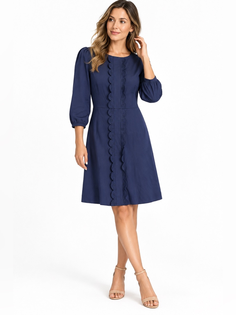 Boden Alexandra ponte scalloped Trim Navy Long-Sleeve A-Line Dress